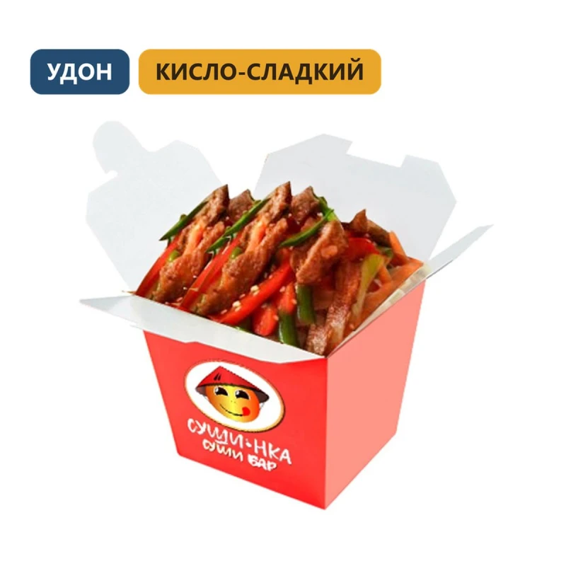 Вок с говядиной и лапшой удон в кисло-сладком соусе