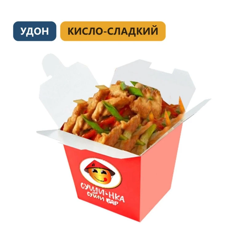Вок со свининой и лапшой удон в кисло-сладком соусе