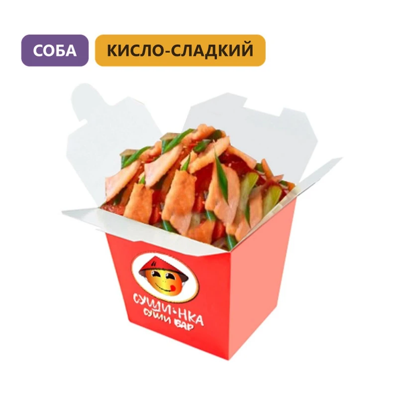 Вок с лососем и лапшой соба в кисло-сладком соусе